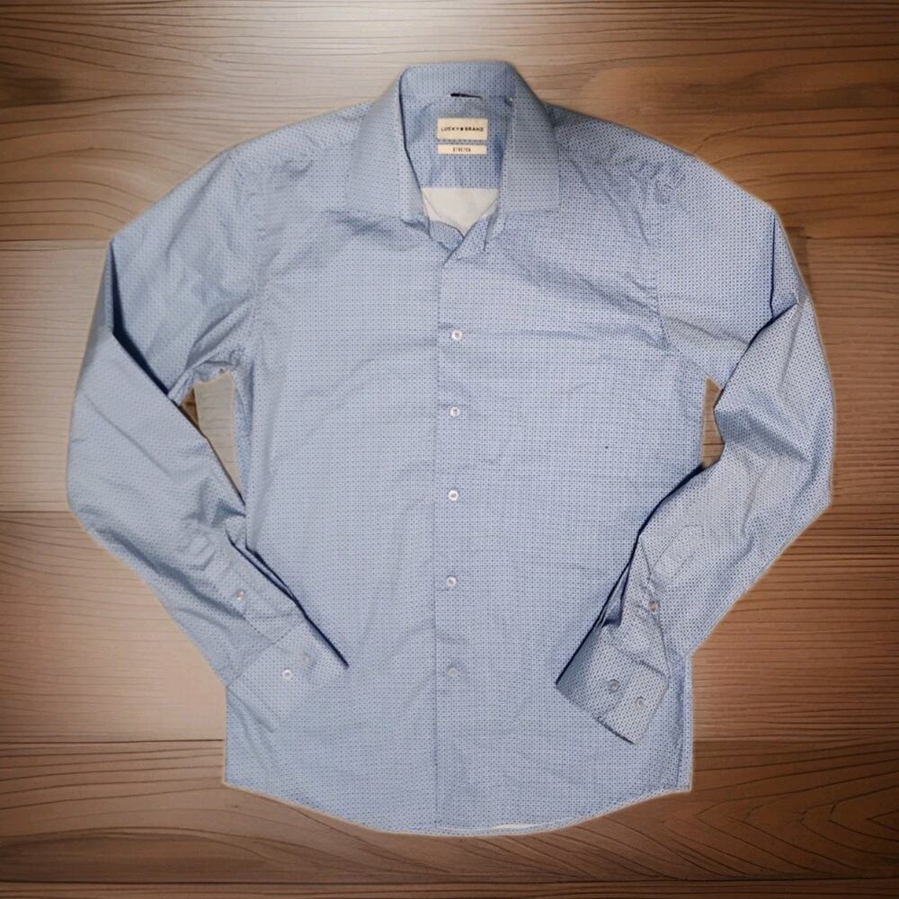 Lucky Brand Mens Small Light Blue Geometric Print Slim Fit Stretch Shirt 32/33